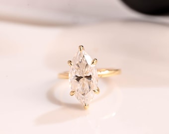 Solid Gold Hidden Halo Marquise Cut Moissanite Engagement Ring Paved Prongs, Bridge Halo Ring