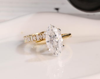 Solid Gold Two Tone Marquise Cut Moissanite Engagement Ring Set, Solitaire Bridal Set, Full Eternity Wedding Band