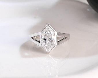Solid Gold Solitaire Hexagon Cut Moissanite Engagement Ring Bezel Ring, Split Shank Ring