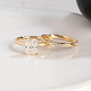 Solid Gold Hidden Halo Radiant Cut Moissanite Engagement Ring Set, Wedding Ring Set, Bridal Set, Twisted Eternity Ring, Birthday Gift