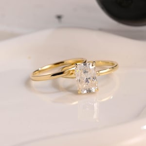 Solid Gold Hidden Halo Radiant Cut Moissanite Engagement Ring Set, Wedding Ring Set, Bridal Set, Plain Wedding Band, Birthday Gift for Women