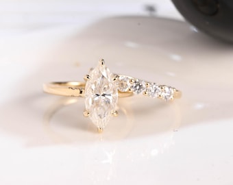 Solid Gold Hidden Halo Marquise Cut Moissanite Engagement Ring Set, Bridal Set, Half Eternity Wedding Band
