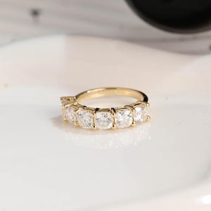 Solid Gold Half Eternity 4mm Cushion Cut Moissanite Wedding Band, Stackable Ring, Matching Band