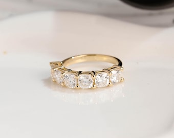 Solid Gold Half Eternity 4mm Cushion Cut Moissanite Wedding Band, Wedding Ring, Stackable Ring, Matching Band, Birthday Gift for Women Wife