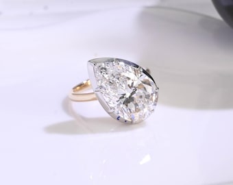 Two Tone IGI Certified Pear Cut Diamond Engagement Ring Bezel Ring, Solid Gold Solitaire Ring