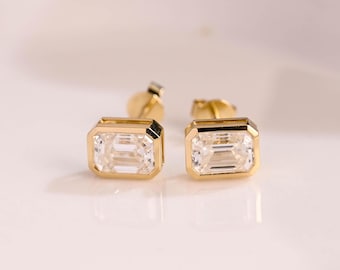 Solid Gold Solitaire Bezel Emerald Cut Moissanite Earring Studs Screw Back, Art Deco Studs
