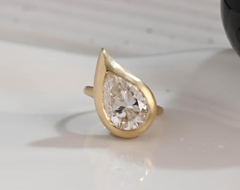 Solid Gold Solitaire Pear Cut Moissanite Engagement Ring Bezel Ring, Teardrop Promise Ring, Pinky Ring