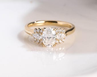 Solid Gold Three Stone Oval Cut Moissanite Engagement Ring Tulip Ring, Cathedral Ring