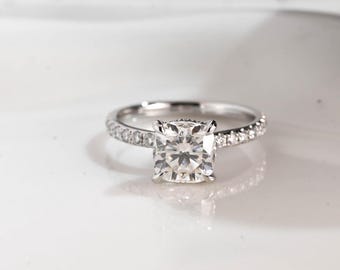 Solid Gold Hidden Halo Cushion Cut Moissanite Engagement Ring, Promise Ring