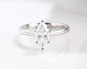 Solid Gold Solitaire Marquise Cut Moissanite Engagement Ring Cathedral Ring, Round Prongs