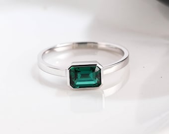Solid Gold Solitaire East West Lab Emerald Engagement Ring Bezel Ring