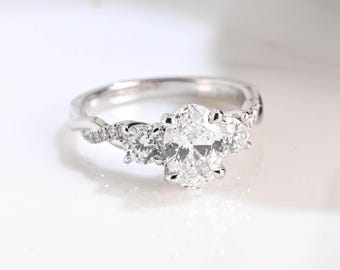 IGI Certified Oval Cut Diamond Engagement Ring Twisted Band, Solid Gold Three Stone Ring