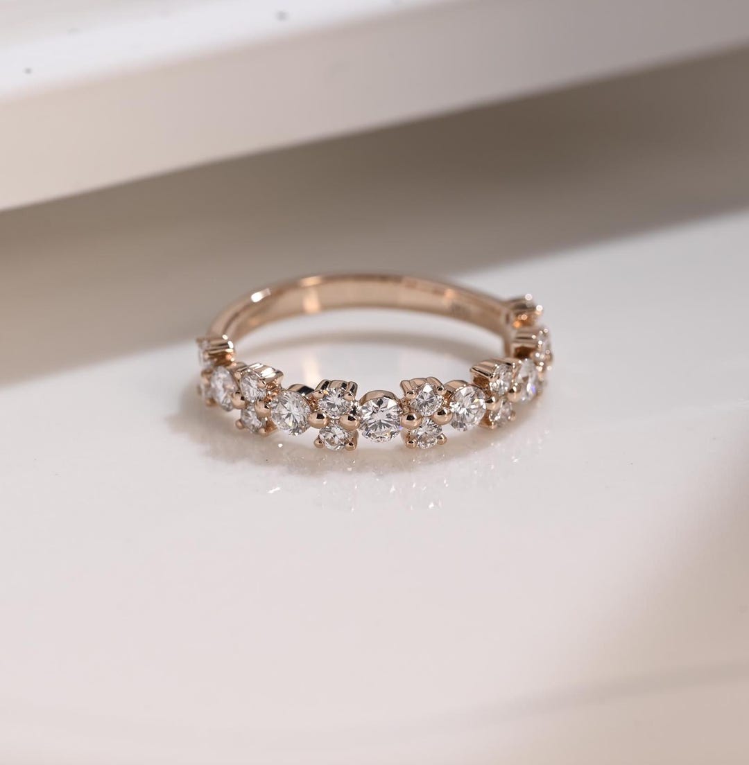 Solid Gold Half Eternity Round Cut Moissanite Wedding Band, Wedding ...
