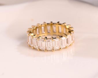 Solid Gold Full Eternity 3*5mm Emerald Cut Moissanite Wedding Band, Stackable Ring, Matching Band, Wedding Ring, Birthday Gift for Women