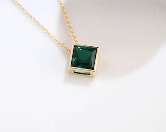 Solid Gold Solitaire Princess Cut Lab Emerald Pendant Necklace Bezel Set, Minimalist Birthstone Chain Necklace