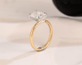 Solid Gold Two Tone Hidden Halo Radiant Cut Moissanite Engagement Ring, Bridge Halo Ring