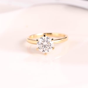 Solid Gold Solitaire Round Cut Moissanite Engagement Ring, Minimalist Promise Ring, Dainty Proposal Ring, Birthday Gift for Women Wife