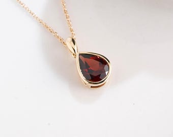 Solid Gold Solitaire Pear Cut Garnet Pendant Necklace Bezel Set, Minimalist Birthstone Chain Necklace