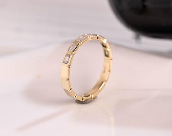 Solid Gold Half Eternity 2*3mm Emerald Cut Moissanite Wedding Band, Bezel Wedding Ring, Stackable Ring, Matching Band, Anniversary Gift