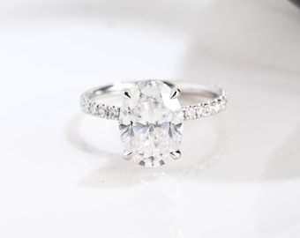Solid Gold Double Hidden Halo Oval Cut Moissanite Engagement Ring, Paved Band