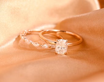 Solid Gold Solitaire Elongated Cushion Cut Moissanite Engagement Ring Set, Half Eternity Wedding Band, Gift