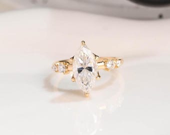 Solid Gold Hidden Halo Marquise Cut Moissanite Engagement Ring, Dainty Promise Ring, Proposal Ring, Bridal Ring, Anniversary Gift for Wife