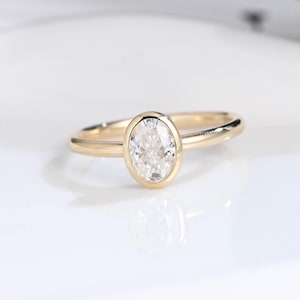 Solid Gold Crushed Ice Oval Cut Moissanite Engagement Ring Bezel Ring, Solitaire Promise Ring, Vintage Proposal Ring, Gifts for Women Wife