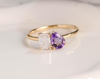 Solid Gold Emerald Cut Moissanite & Pear Cut Natural Amethyst Engagement Ring, Toi et Moi Promise Ring