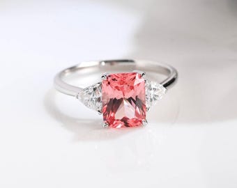 Solid Gold Radiant Cut Pink Sapphire Engagement Ring, Three Stone Ring