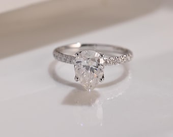 Solid Gold Pear Cut Moissanite Engagement Ring Tulip Setting, Teardrop Wedding Ring Paved Prongs