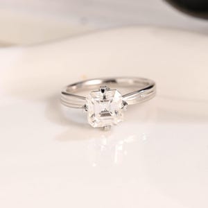 Solid Gold Solitaire Asscher Cut Moissanite Engagement Ring Compass Setting, Promise Ring, Proposal Ring, Wedding Ring, Birthday Gift Wife