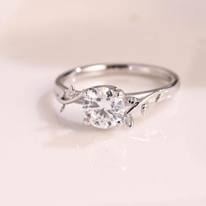 Solid Gold Leaf Round Cut Moissanite Engagement Ring, Solitaire Promise Ring, Dainty Proposal Ring, Anniversary Gift Birthday Gift for Her
