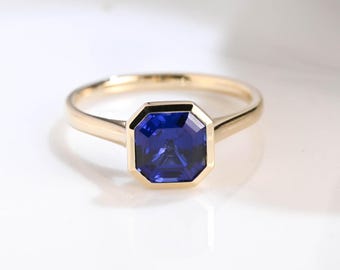 Solid Gold Solitaire Asscher Cut Blue Sapphire Engagement Ring Cathedral Set, Bezel Ring