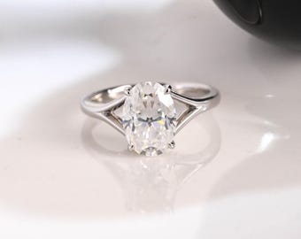 Solid Gold Beaded Oval Cut Moissanite Engagement Ring Split Shank Ring, Solitaire Promise Ring