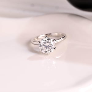 Solid Gold Solitaire Round Cut Moissanite Engagement Ring, Minimalist Promise Ring, Dainty Proposal Ring, Anniversary Gift for Women Wife