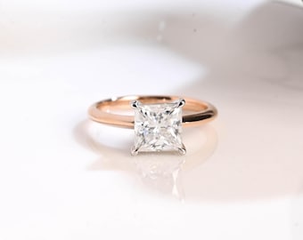 Solid Gold Zwei Ton Princess Cut Moissanite Verlobungsring Messerkante, Solitaire Versprechen Ring