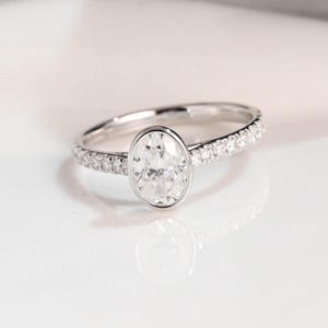 Solid Gold Oval Cut Moissanite Engagement Ring Bezel Ring, Cathedral Promise Ring, Proposal Ring, Wedding Ring, Birthday Gifts for Women
