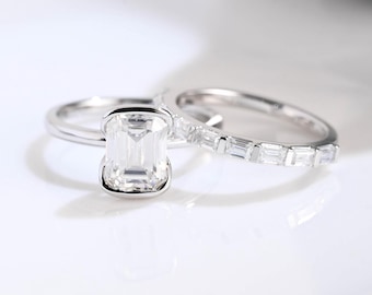 Solid Gold Half Bezel Emerald Cut Moissanite Engagement Ring Set, Solitaire Bridal Set, Half Eternity Wedding Band