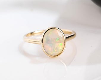 Solid Gold Oval Cut Opal Engagement Ring Bezel Set, Cathedral Ring