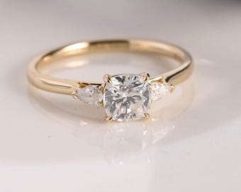 Solid Gold Three Stone Cushion Cut Moissanite Engagement Ring Cathedral Ring, Promise Ring