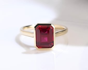 Solid Gold Solitaire Emerald Cut Ruby Engagement Ring Cathedral Set, Bezel Ring