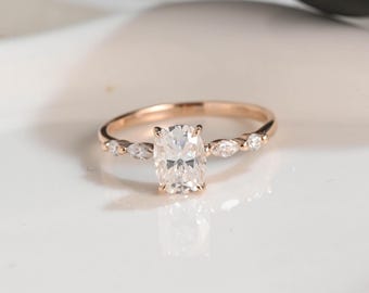 Solid Gold Elongated Cushion Cut Moissanite Engagement Ring, Dainty Promise Ring