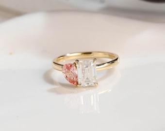 Solid Gold Emerald Cut Moissanite & Pear Cut Pink Lab Sapphire Engagement Ring, Toi et Moi Promise Ring