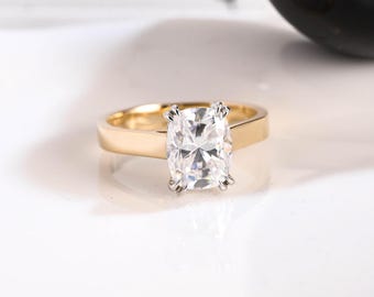 Solid Gold Two Tone 3mm Width Elongated Cushion Cut Moissanite Engagement Ring Hidden Halo, Cathedral Ring