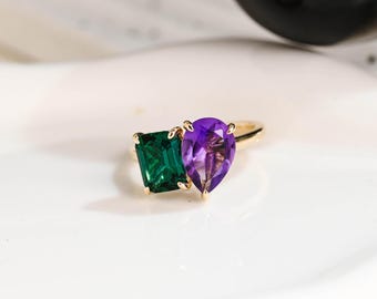 Solid Gold Hidden Halo Lab Emerald & Pear Cut Amethyst Engagement Ring, Toi et Moi Promise Ring