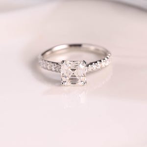 Solid Gold Cathedral Asscher Cut Moissanite Engagement Ring Double Prongs, Wedding Ring, Promise Ring, Proposal Ring, Birthday Gift for Wife