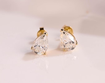 Solid Gold Pear Cut Moissanite Earring Studs Screw Backs, Solitaire Teardrop Studs