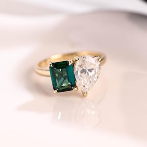 Solid Gold Hidden Halo Lab Emerald & Pear Cut Moissanite Engagement Ring, Toi et Moi Promise Ring, Two Stone Proposal Ring, Birthday Gift