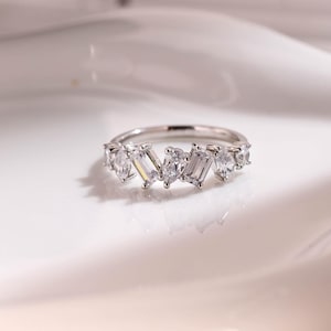 Solid Gold Half Eternity Wedding Band, Baguette & Pear Cut Moissanite Wedding Ring, Stackable Ring Matching Band, Anniversary Gift for Women