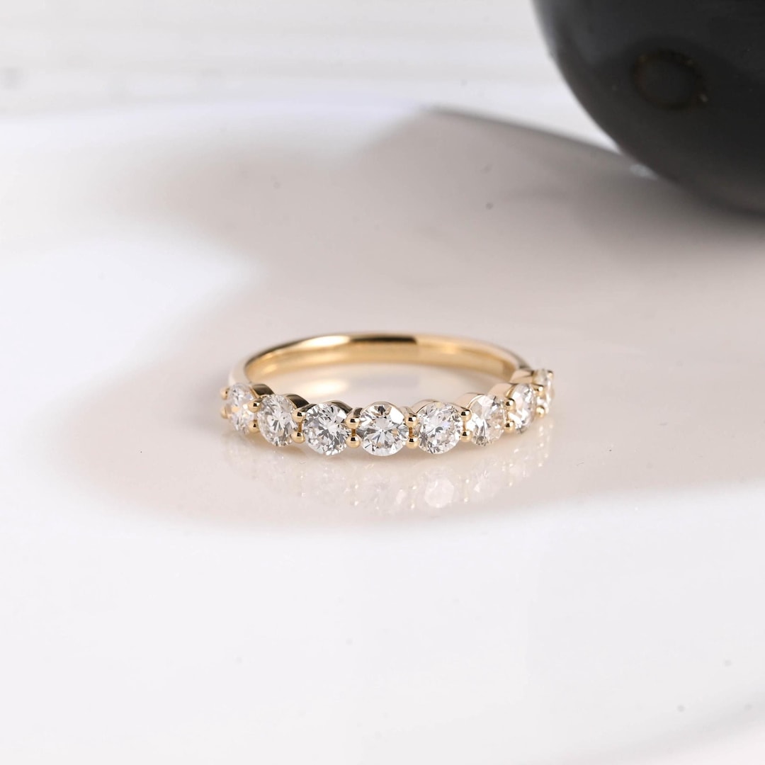 Solid Gold Half Eternity Round Cut Diamond Wedding Band, Wedding Ring ...
